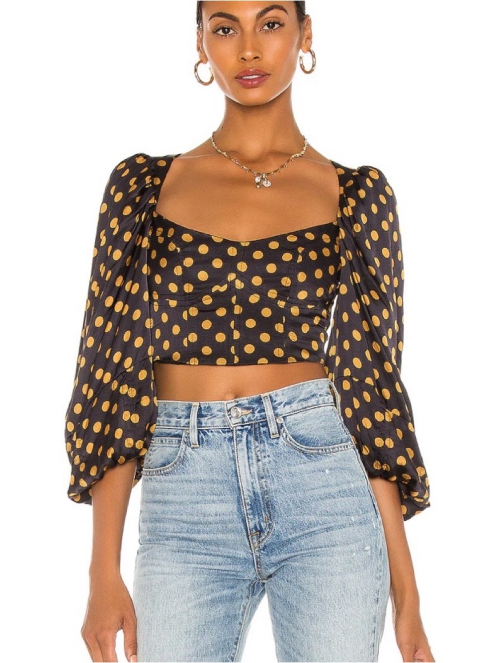 For Love & Lemons Polka Dot Puff Sleeve Corset Crop Top – Size Small